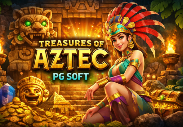 Treasures of Aztec PG Soft dengan tema petualangan kuil Aztec emas dan karakter explorer wanita