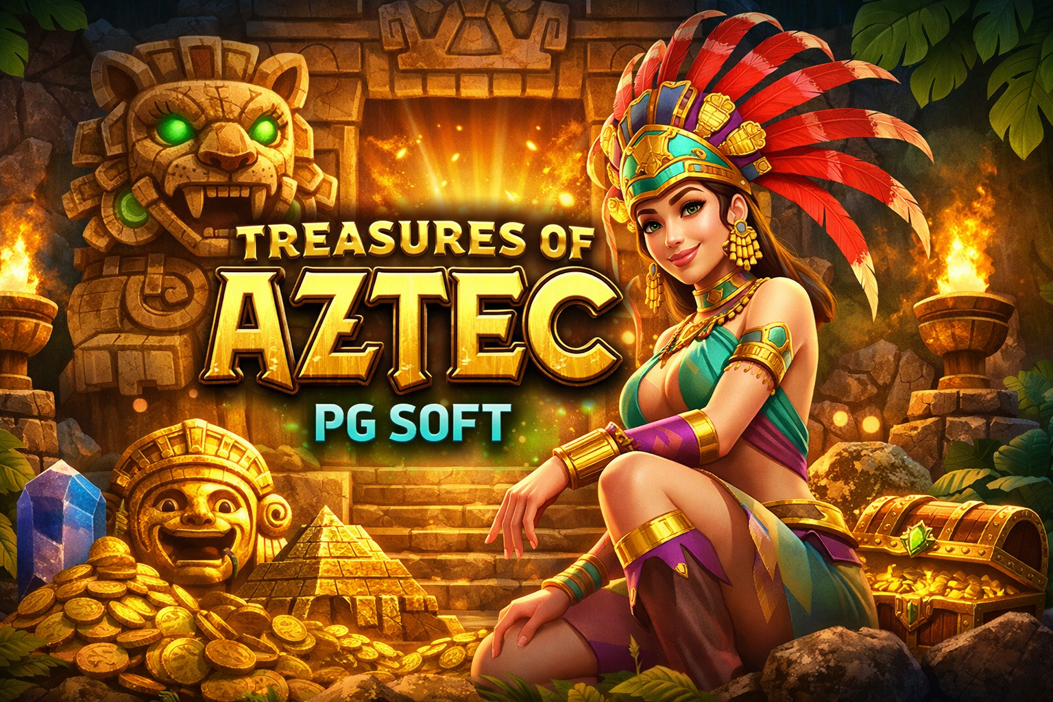 Treasures of Aztec PG Soft dengan tema petualangan kuil Aztec emas dan karakter explorer wanita